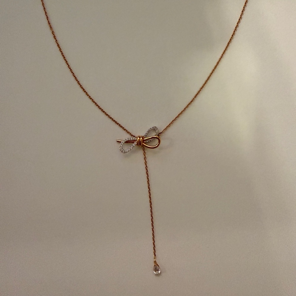 Swarovski Rose Gold Bow Drop Necklace with Clear Crystals
